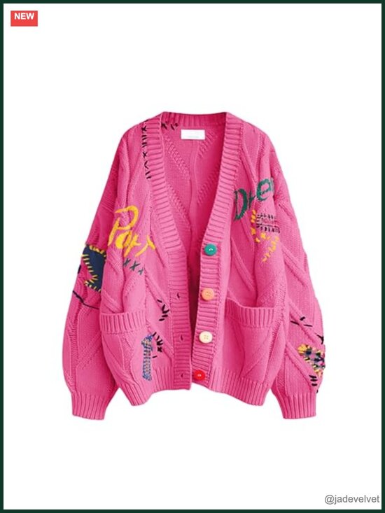 Sweaters - Cable Knit Long Sleeve Open Front Cardigan V-Neck Button Down Embroidery Wool